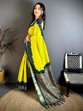 Yellow Bandhej Printed Dola Silk Saree