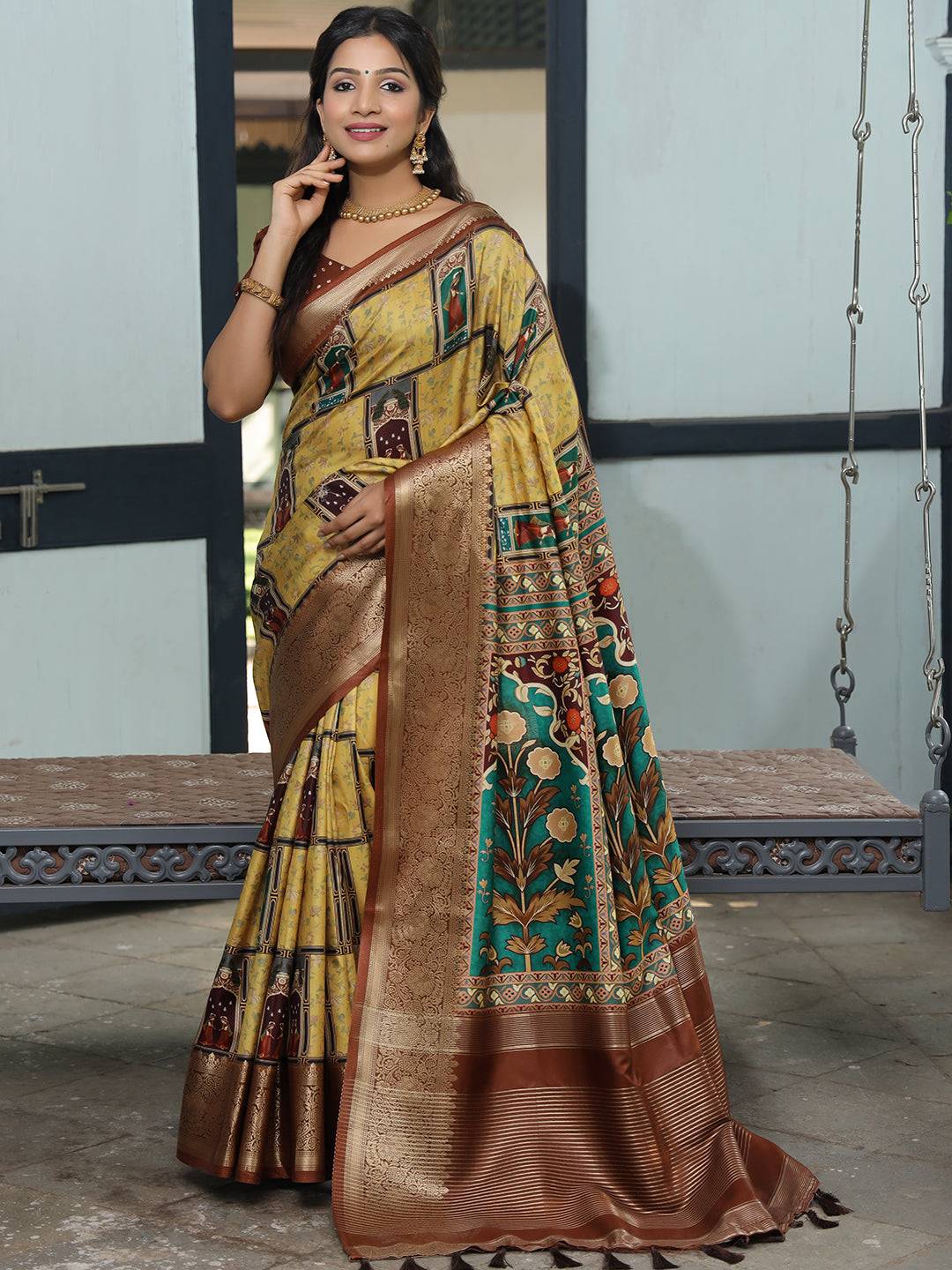 Viscose Dola Silk Mustard Saree with Floral and Mughal Print