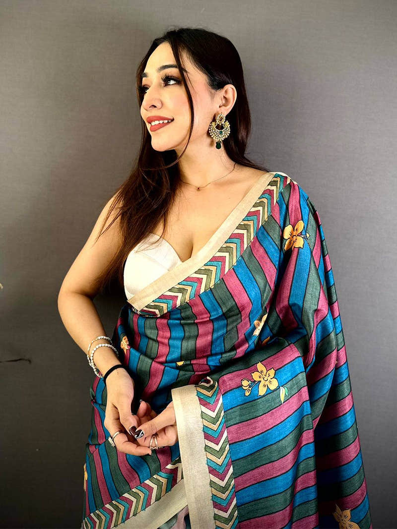 Elegant Tussar Striped Floral Print Saree