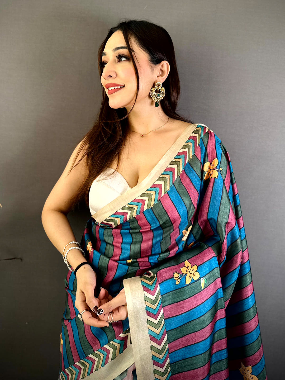 Elegant Tussar Striped Floral Print Saree