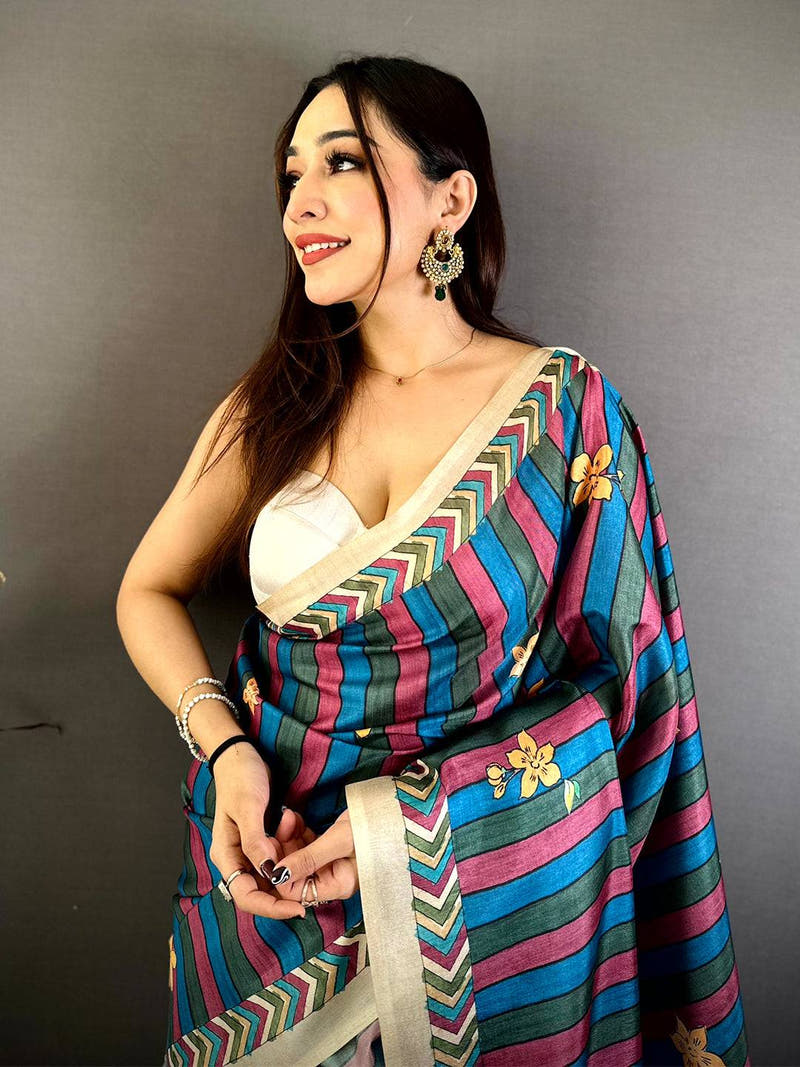 Elegant Tussar Striped Floral Print Saree
