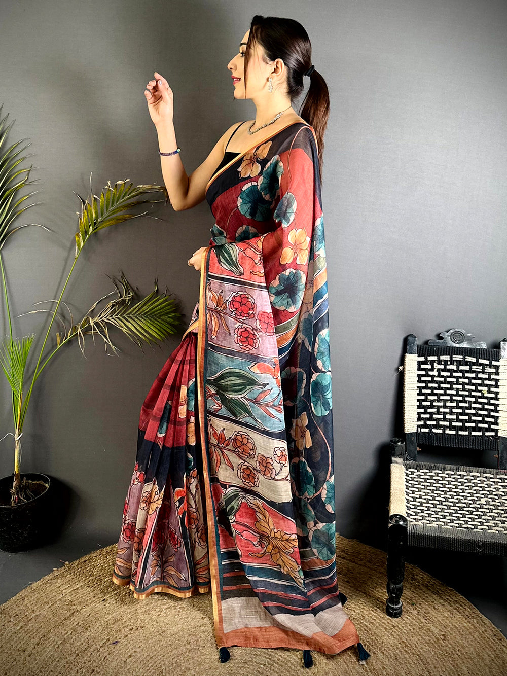 Classic Hand Block Floral Linen Saree