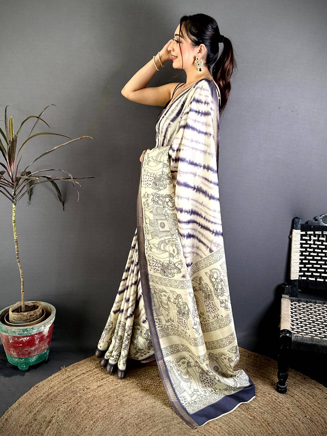 Purple Leheriya Tussar Silk Kalamkari Border Saree