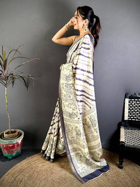 Purple Leheriya Tussar Silk Kalamkari Border Saree