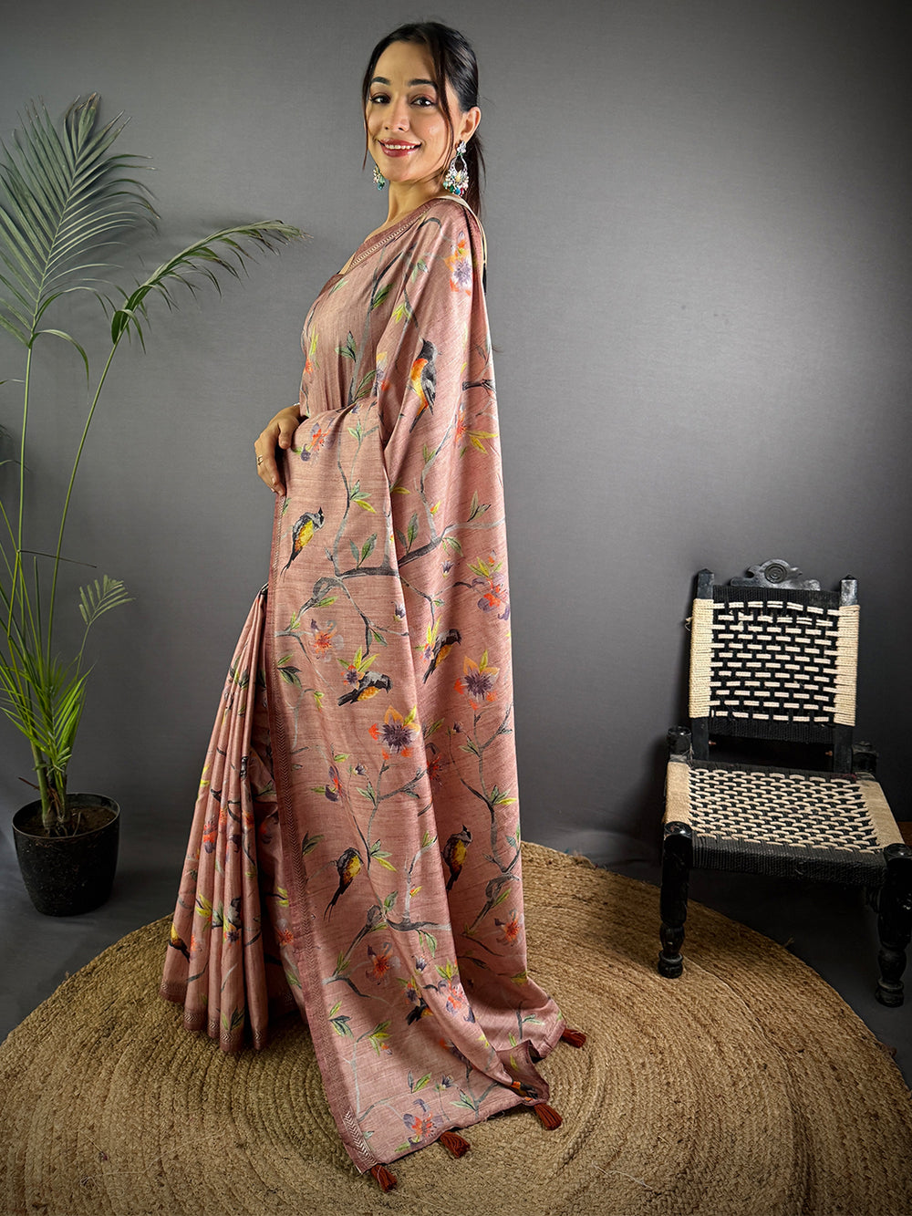 Artistic Floral Bird Print Tussar Silk Saree