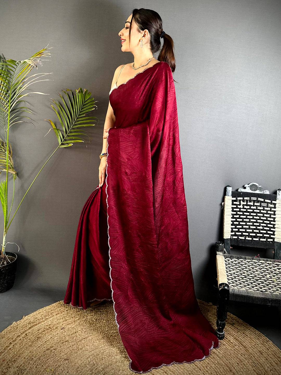 Red Swarovski Silk Crush Saree


