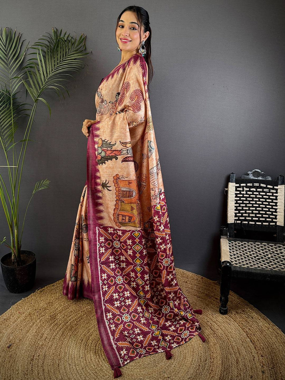 Light Peach Tussar Silk Kalamkari Printed Saree