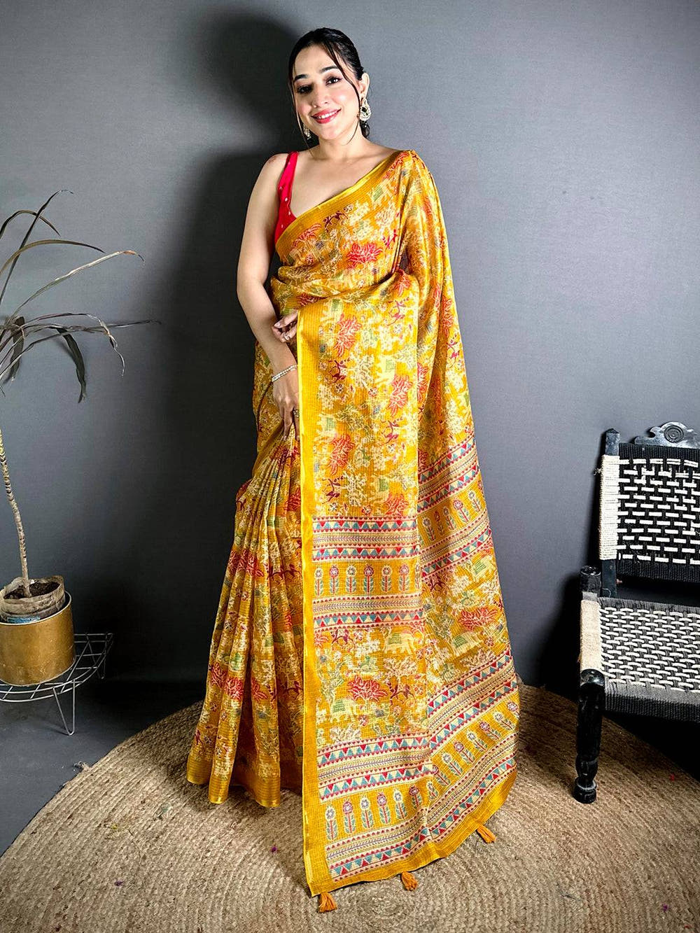 Mustard Kota Doriya Kalamkari Print Saree