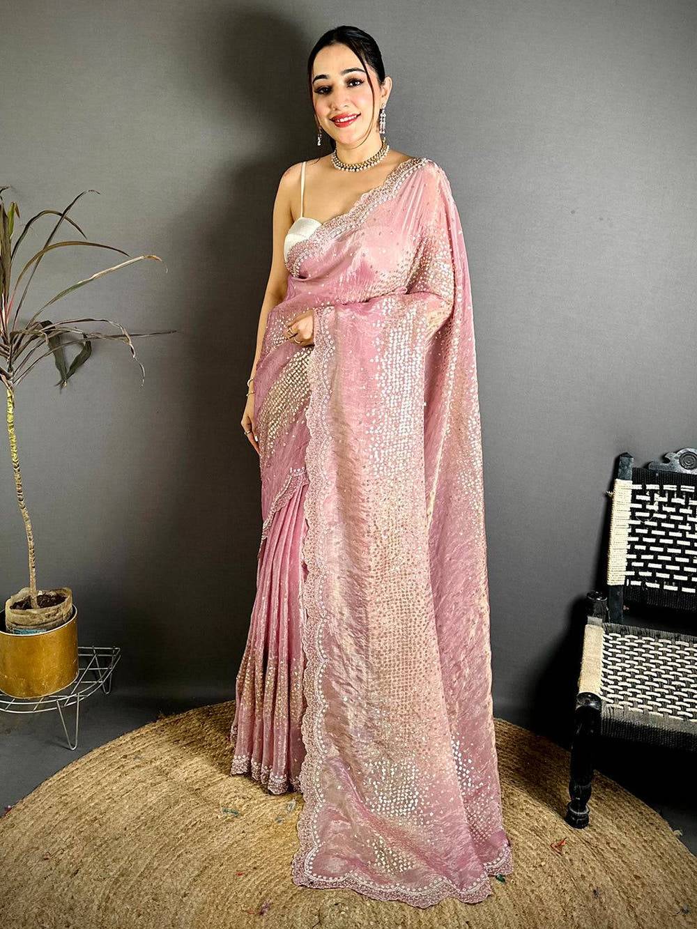 Pink Hotfix Sequin Diamond Zarkon Saree