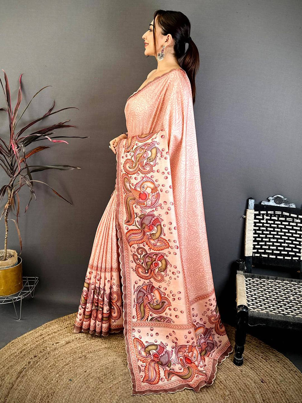 Peach Kalamkari Tussar Cutwork Saree
