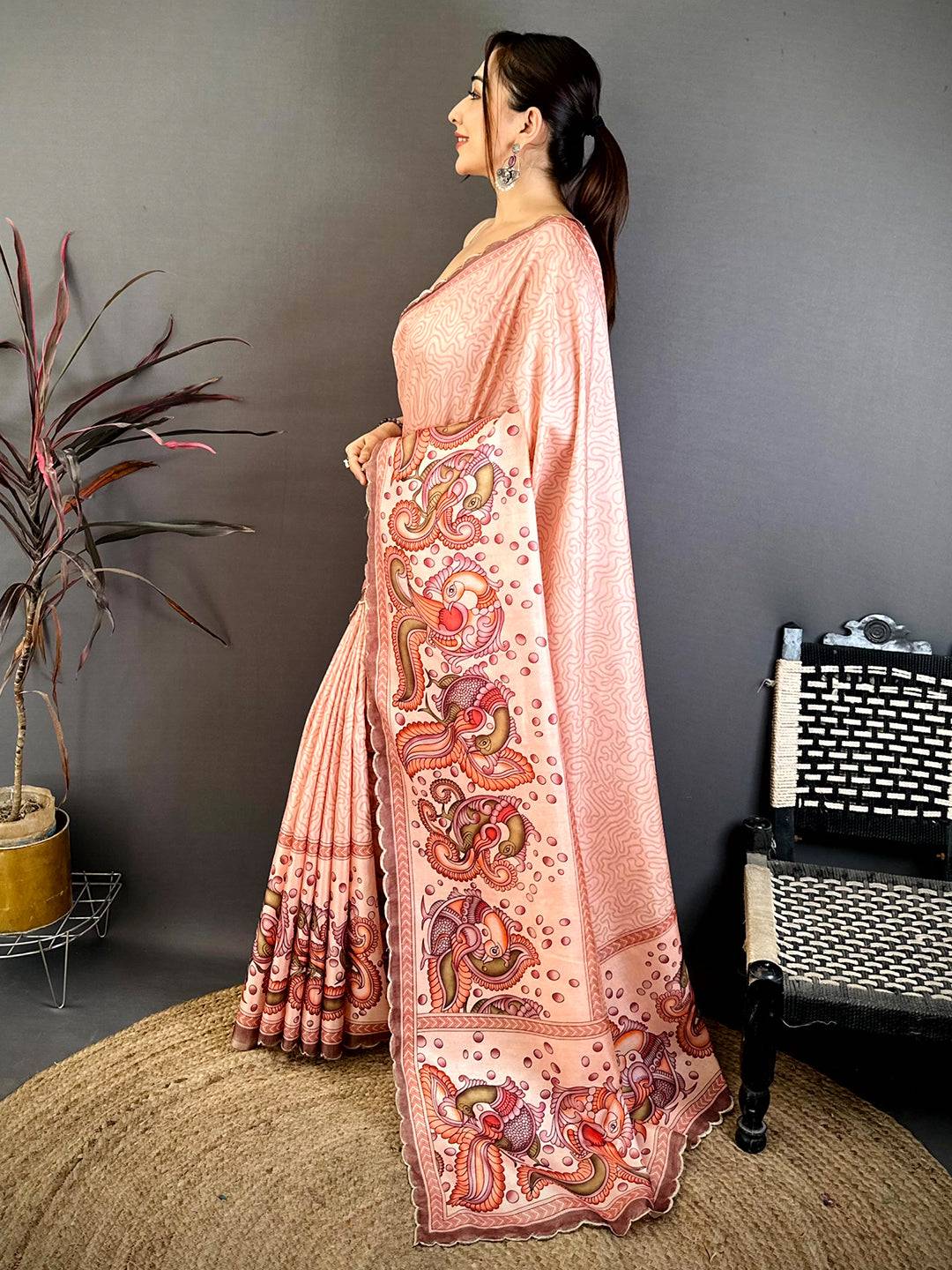 Peach Kalamkari Tussar Cutwork Saree
