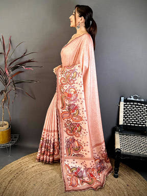 Peach Kalamkari Tussar Cutwork Saree