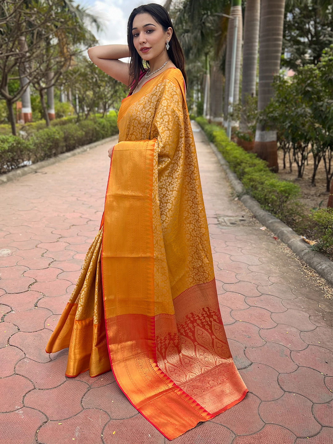  Yellow Colour Gold Tissue Saree with Jacquard Woven Work 