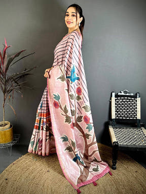 Baby Pink Tussar Ghicha Floral Bird Saree