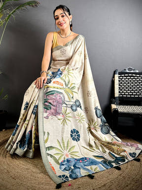 Beige Tussar Ghicha Pichwai Fusion Saree