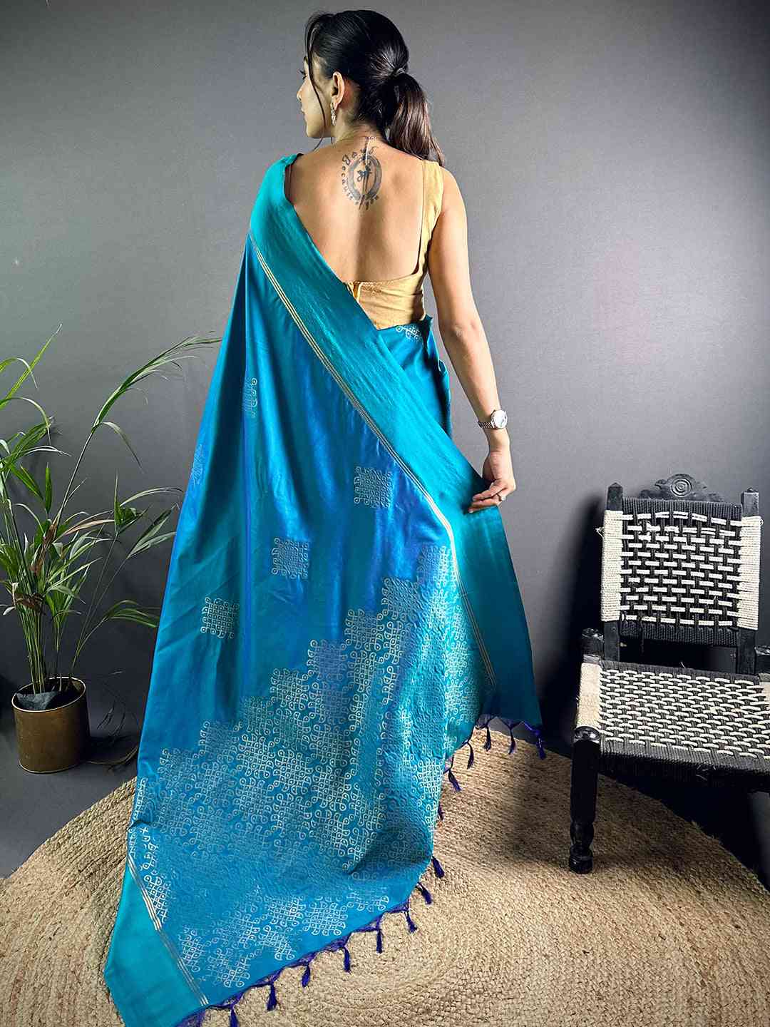 Turquoise Peacock Kolam Silk Heritage Saree