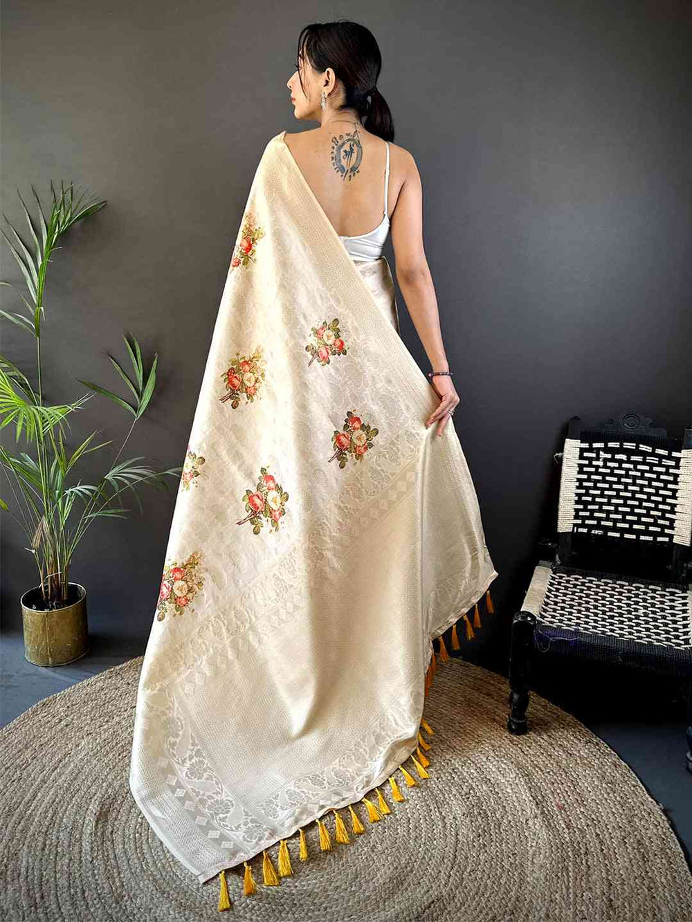 Cream Kanjivaram Digital Silk Saree