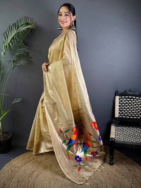 Cream Minakari Weave Soft Organza Paithani Saree

