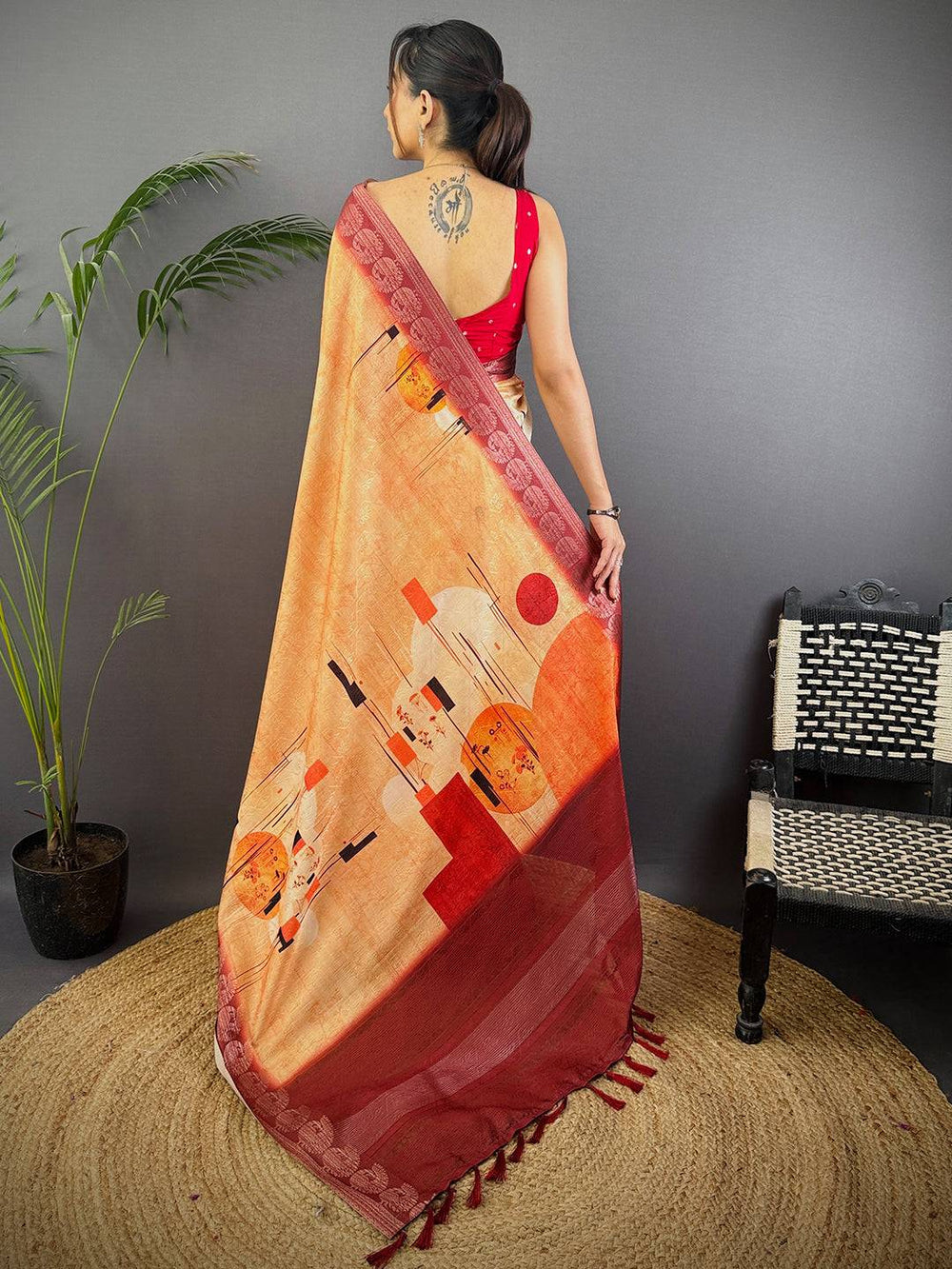 Ochre Digital Print Soft Dola Silk Saree