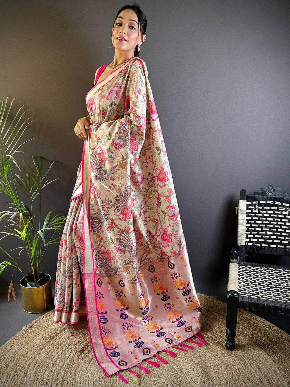 Serene Beige Phulkari Silk Saree