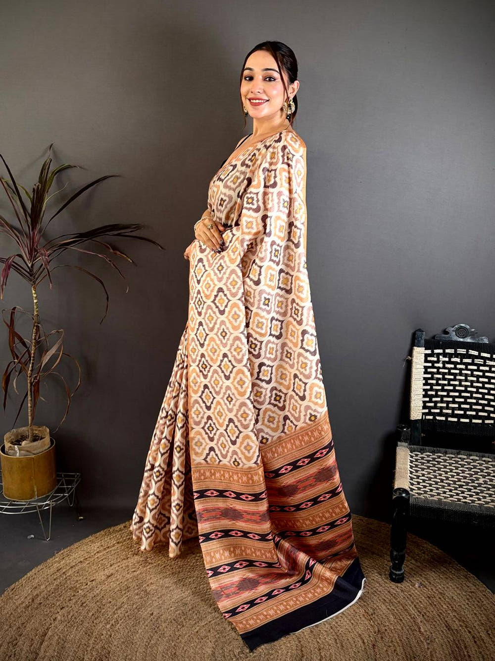 Soft Tussar Ajrakh Bagru Hand Block Print Saree
