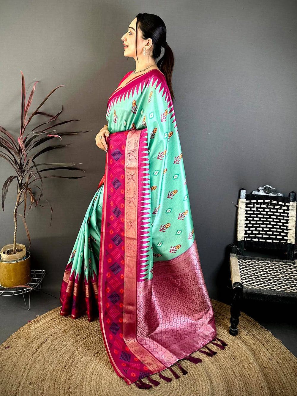 Sea Green Contrast Satin Ikat Zari Silk Saree