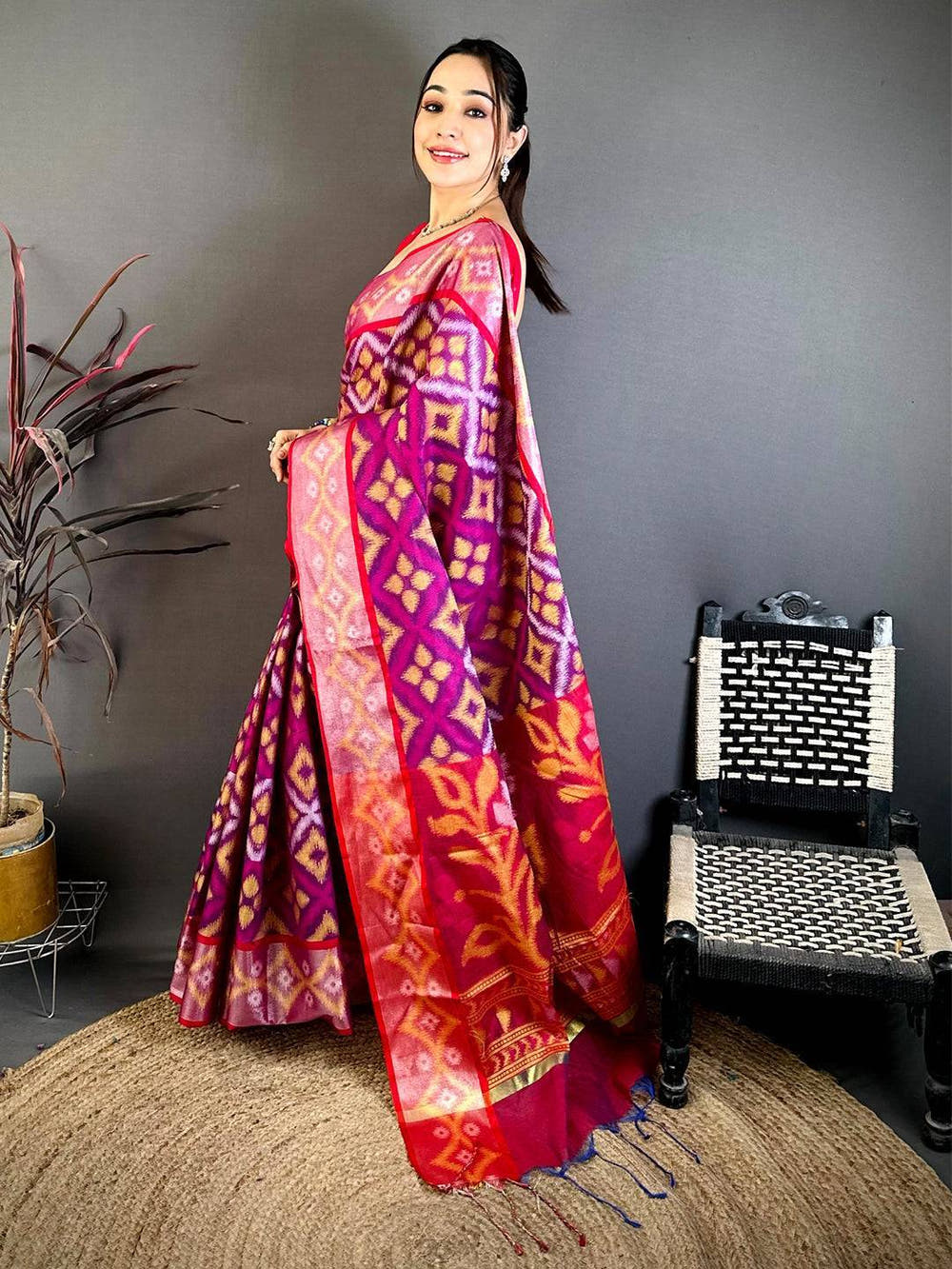 Royal Wine Chanderi Ikkat Saree