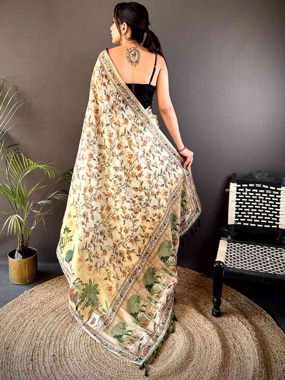 Off White Tussar Pashmina Kalamkari Saree