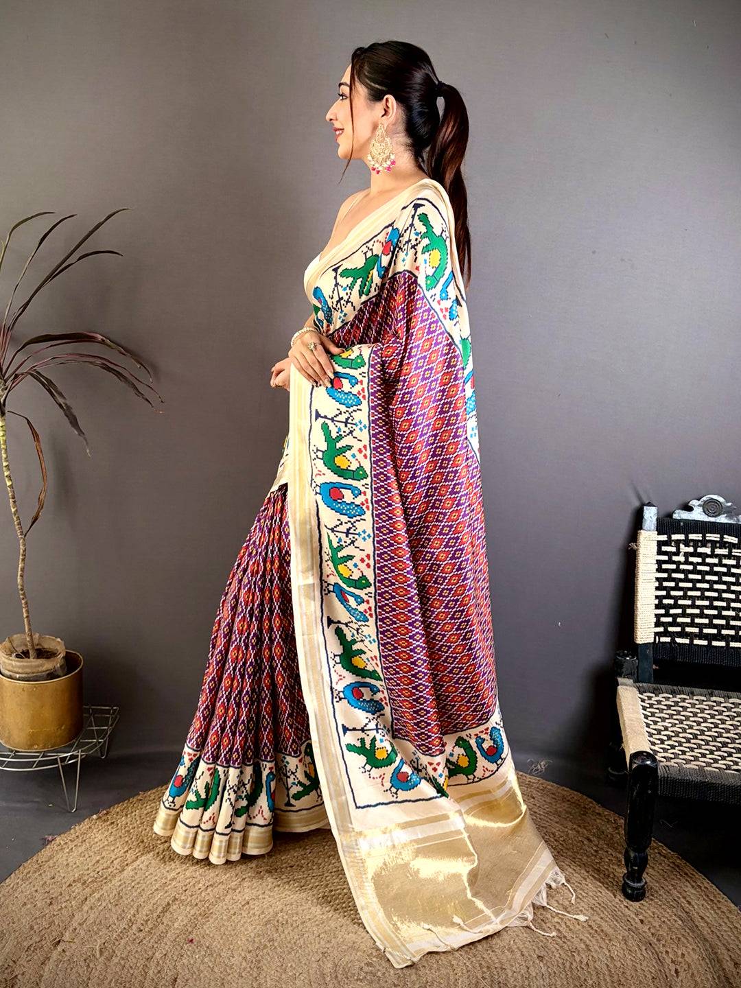 
Purple Soft Kanchi Silk Ikkat Patola Saree