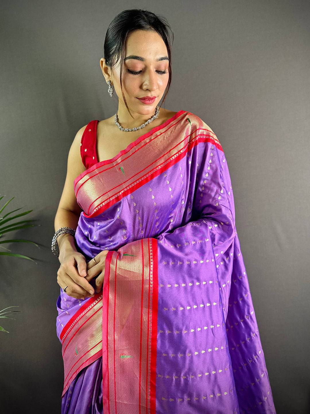 Lavender Soft Silk Yeola Paithani Saree with gold zari