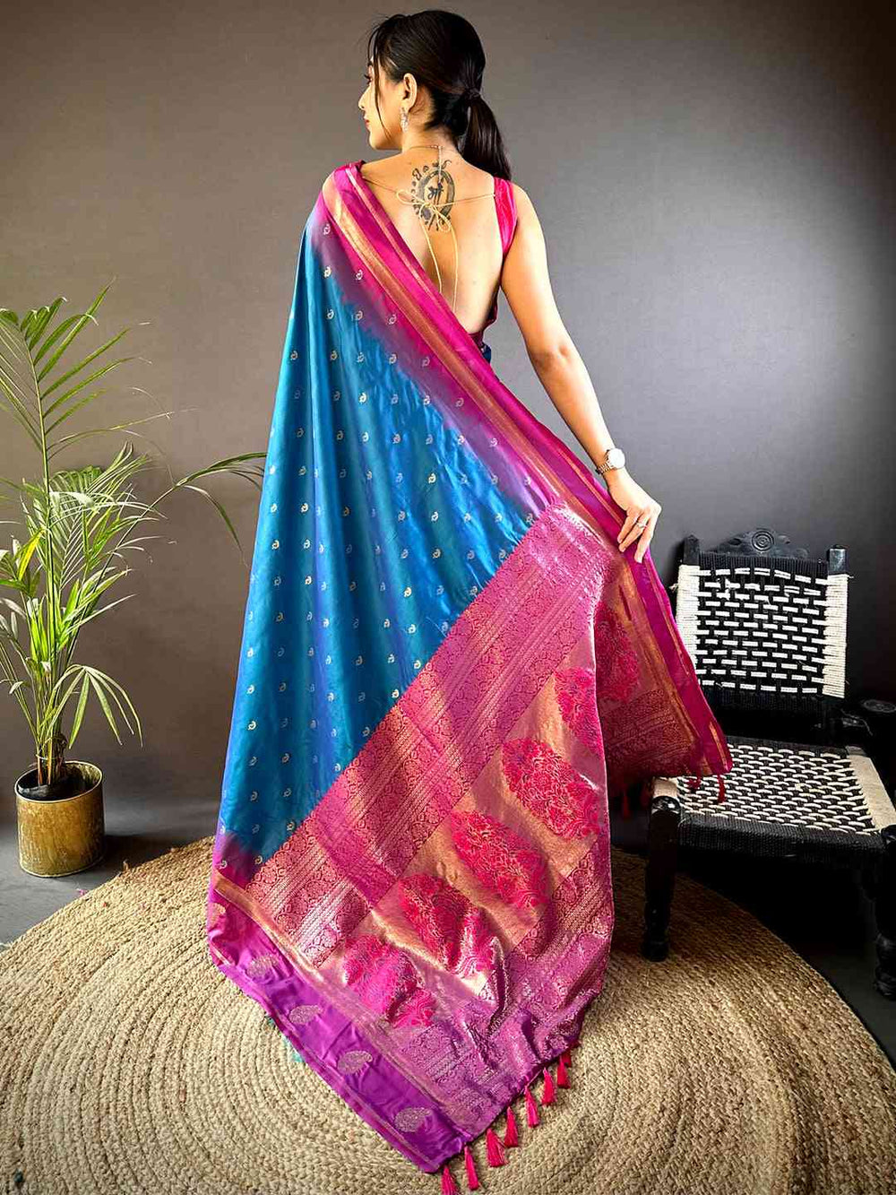 Blue Cationic Soft Silk Saree