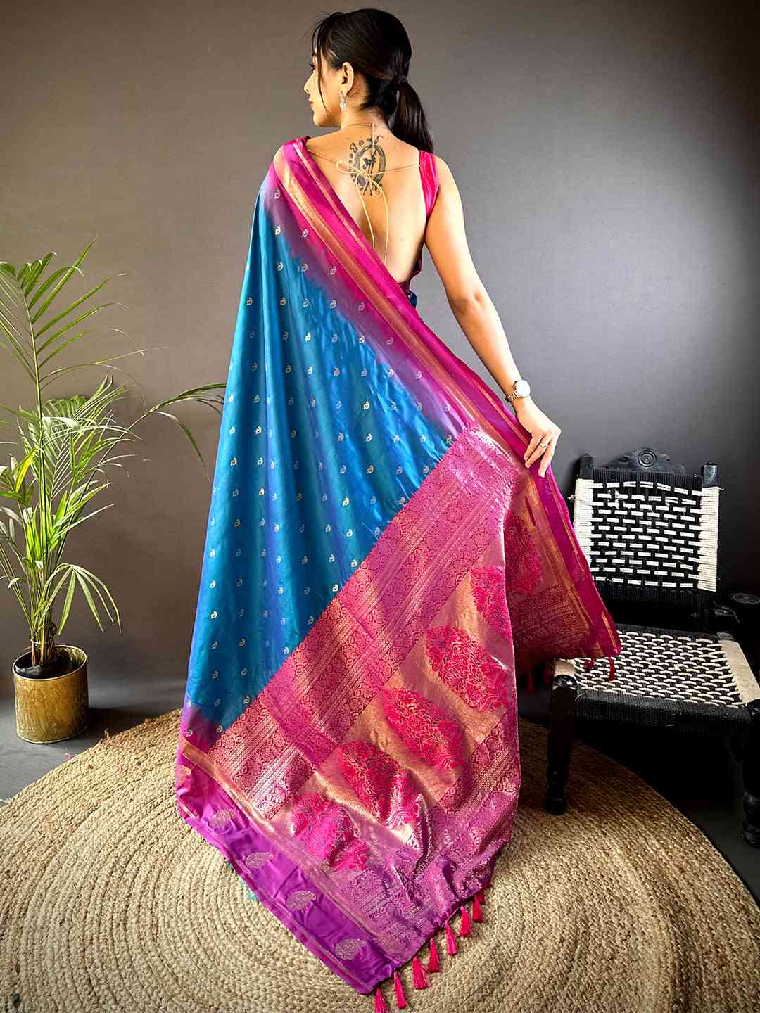 Blue Cationic Soft Silk Saree