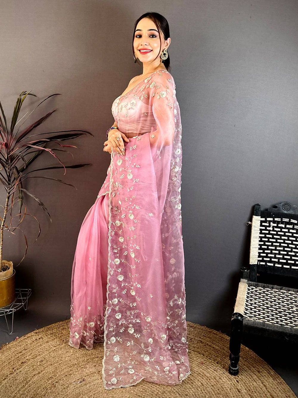 Pink Pearl Sequin Embroidered Organza Saree