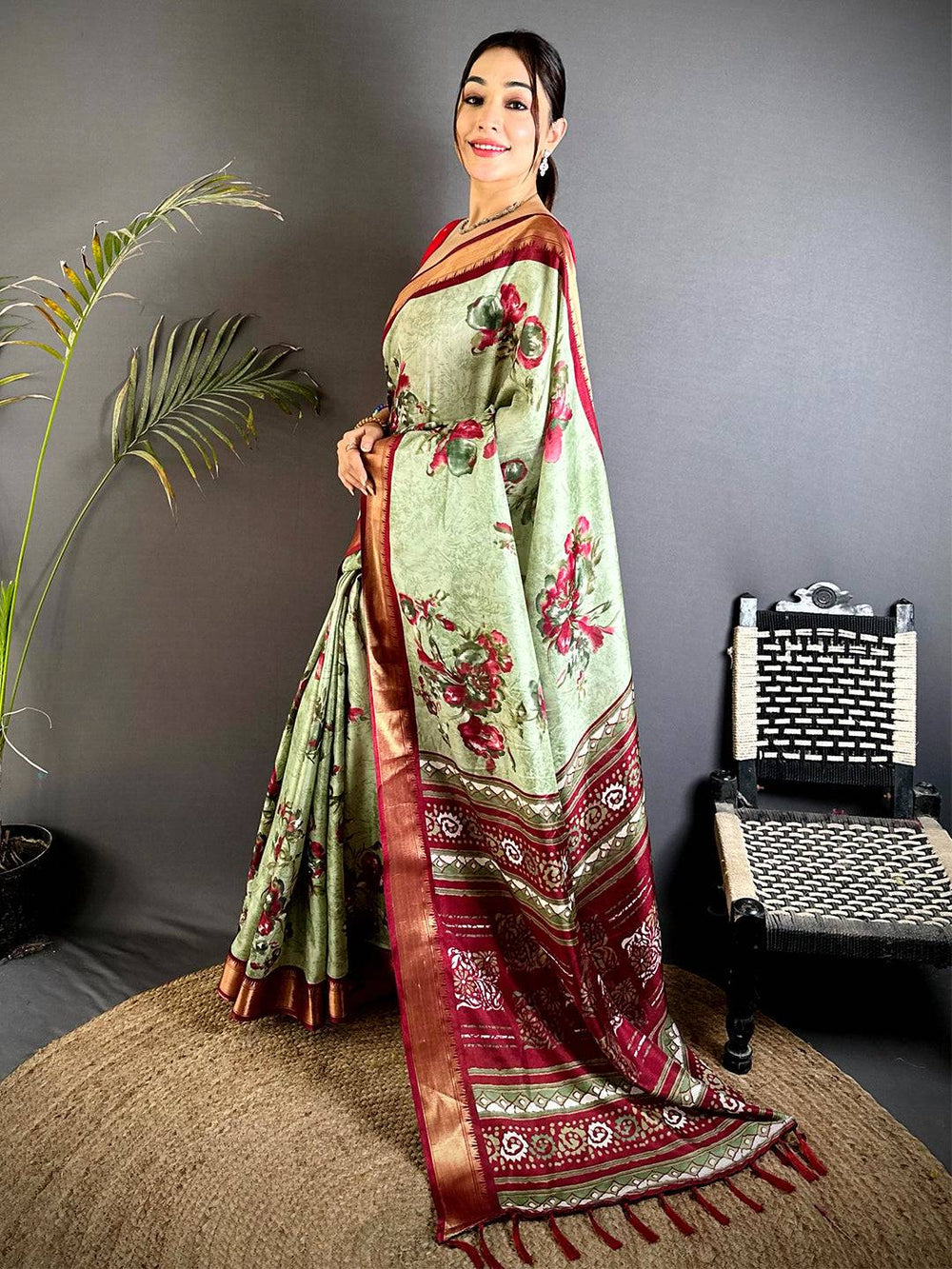 Regal Pista Floral Dola Silk Saree