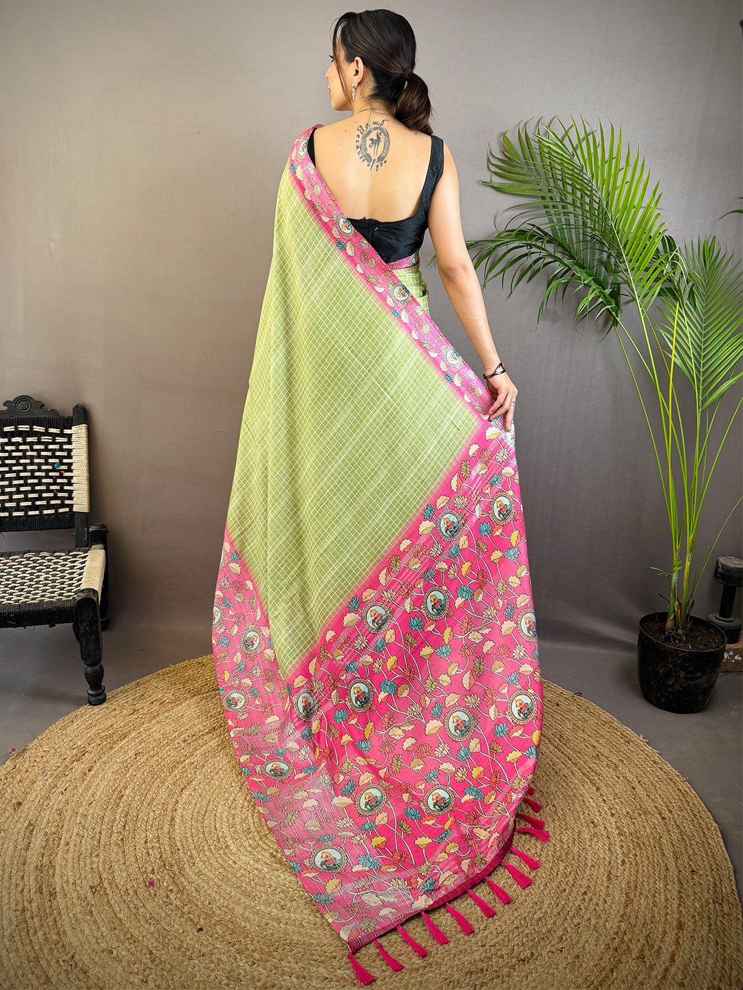 Mint Green Linen Kalamkari Print Saree