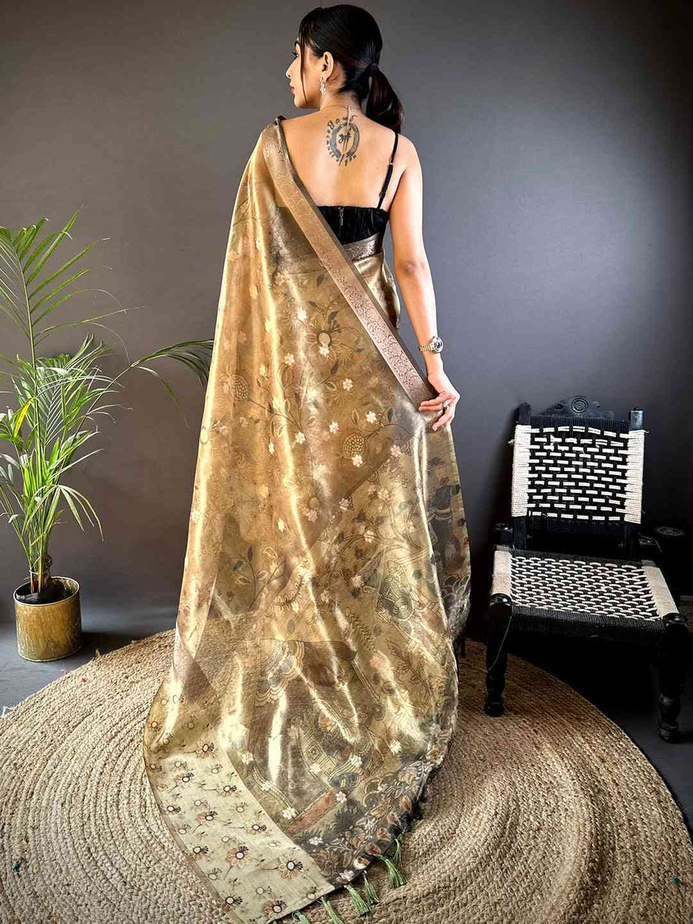 Light Pista Floral Satin Bentex Border Saree