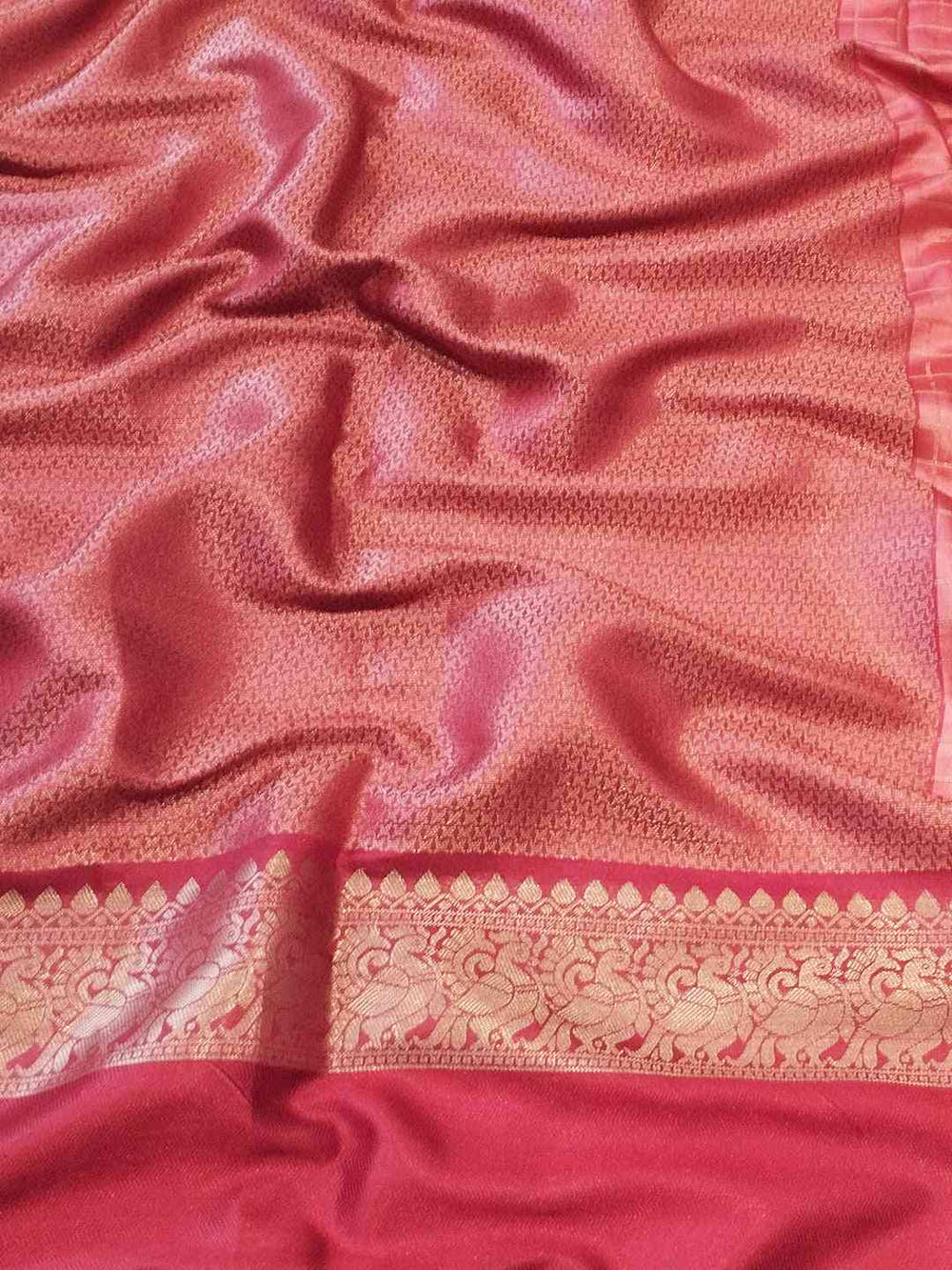 Rich red Banarasi silk saree fabric with gold border