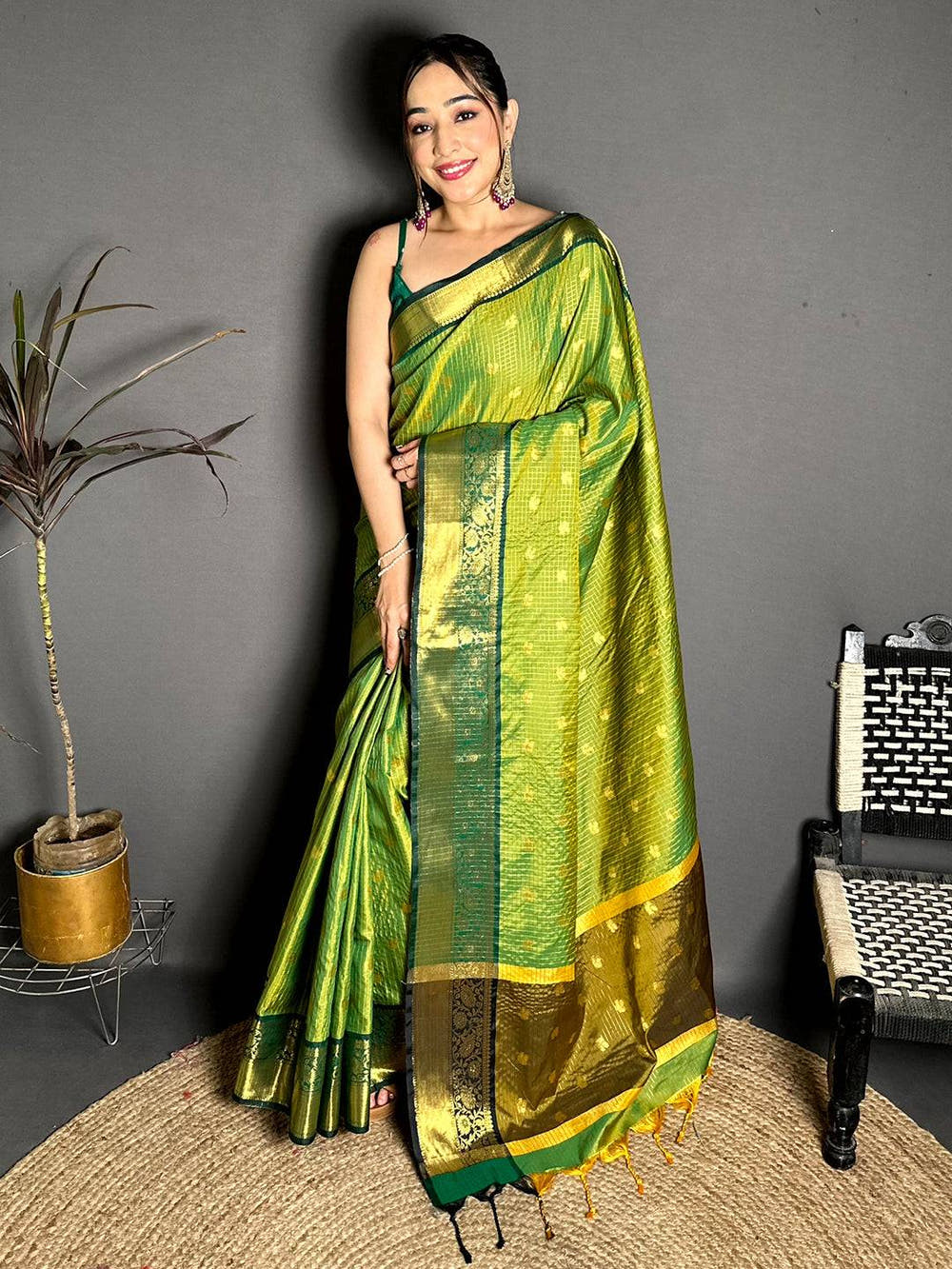 Stylish Gold Zari Chex Tussar Silk Saree Collection