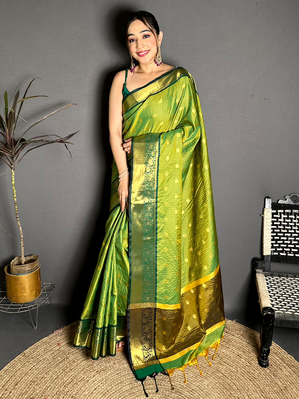 Stylish Gold Zari Chex Tussar Silk Saree Collection