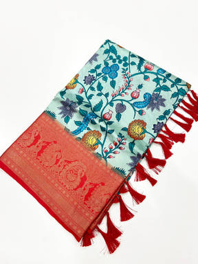 Turquiose Floral Printed Banarasi Saree