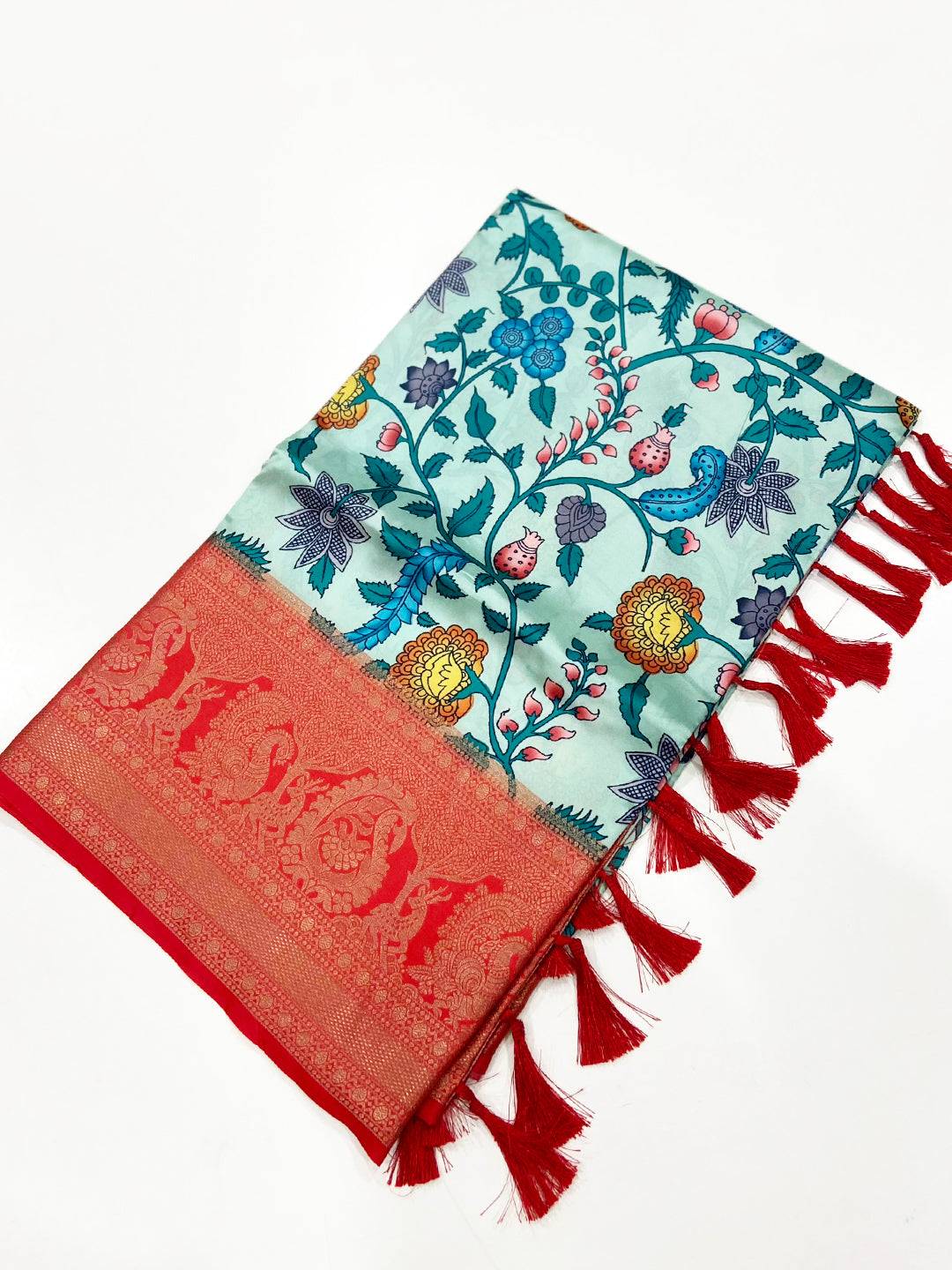 Turquiose Floral Printed Banarasi Saree