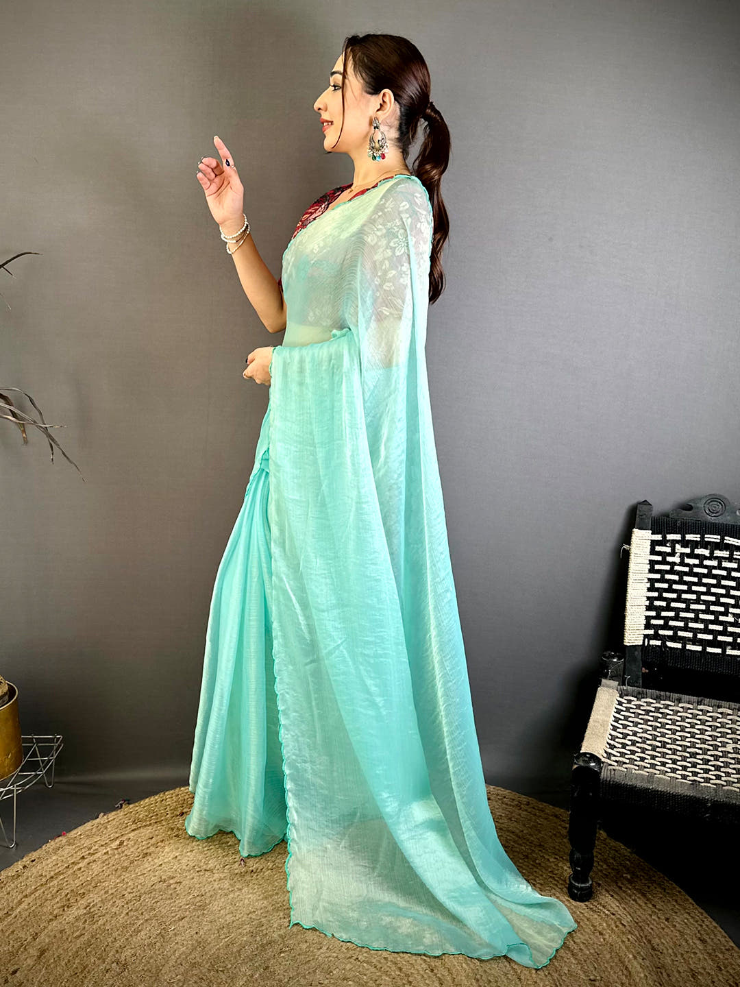 Elegant Aqua Resham Work Chiffon Saree