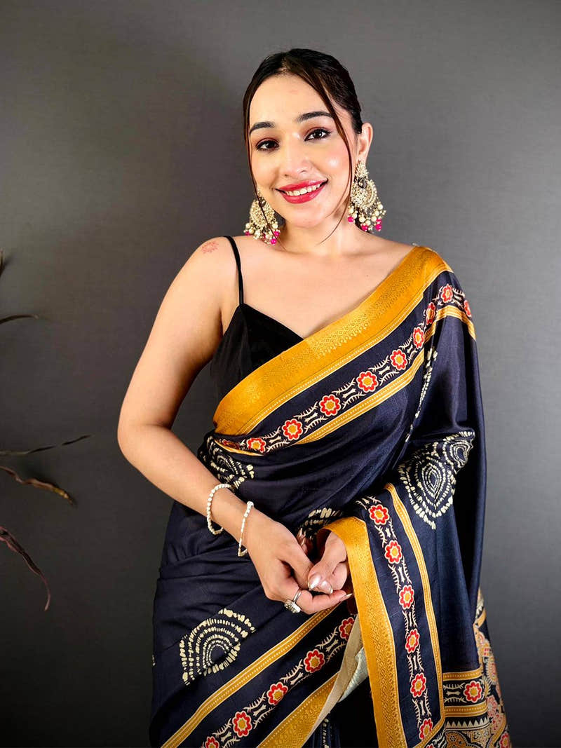 Classic Block Ajrakh Print Soft Tussar Saree