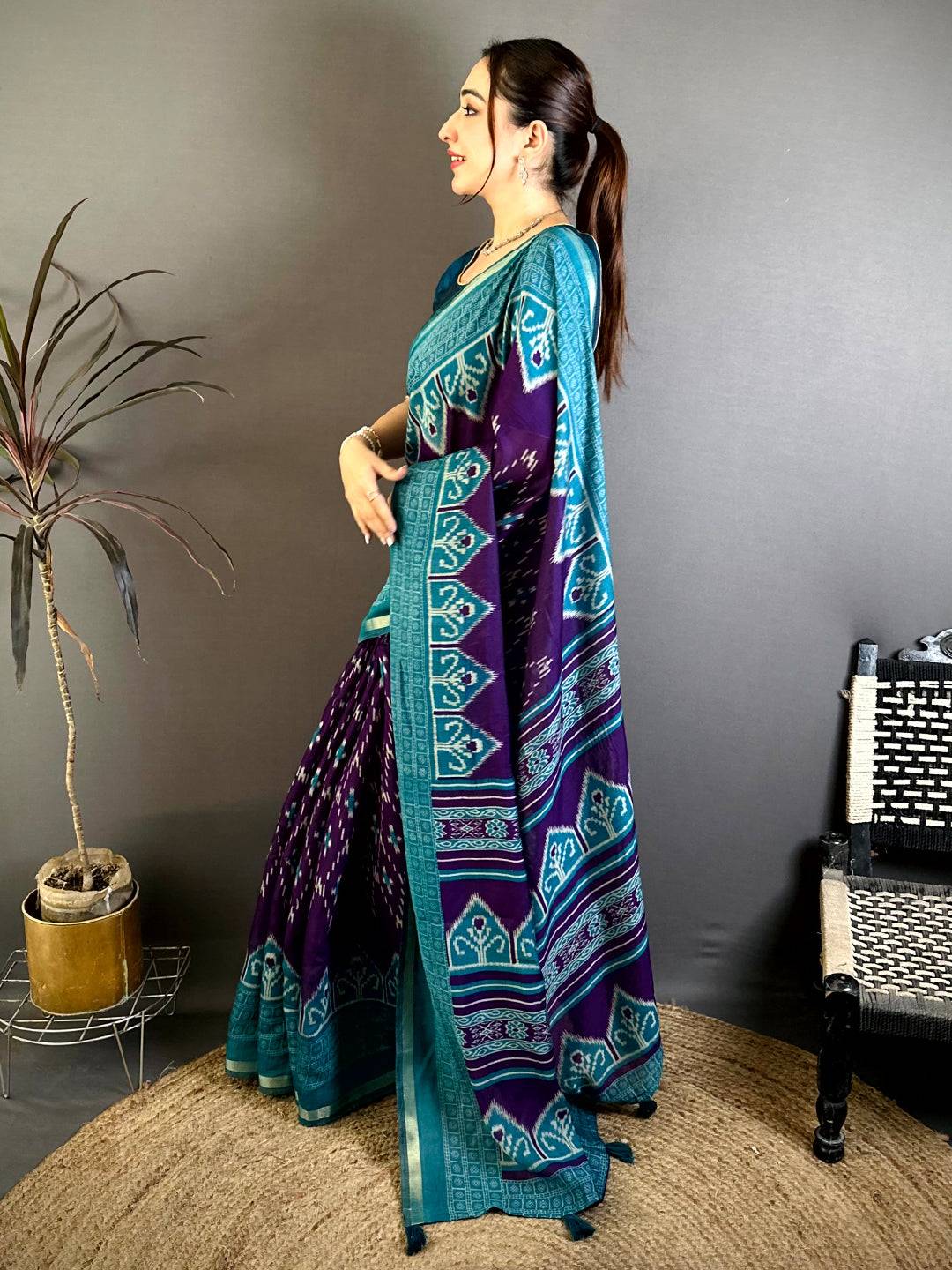 Purple Mul Cotton Ikkat Rudraksha Border Saree