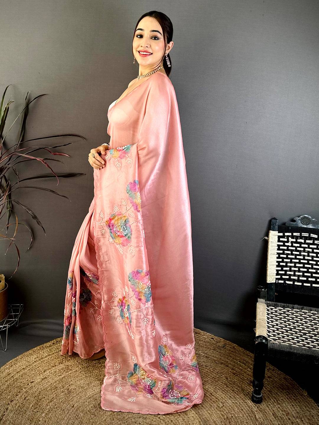 Stylish Applique Pearl Embroidered Saree