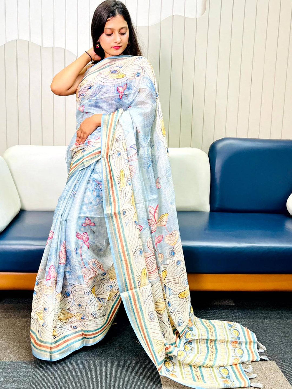 Elegant Floral Kalamkari Print on Sky Blue Silk Saree