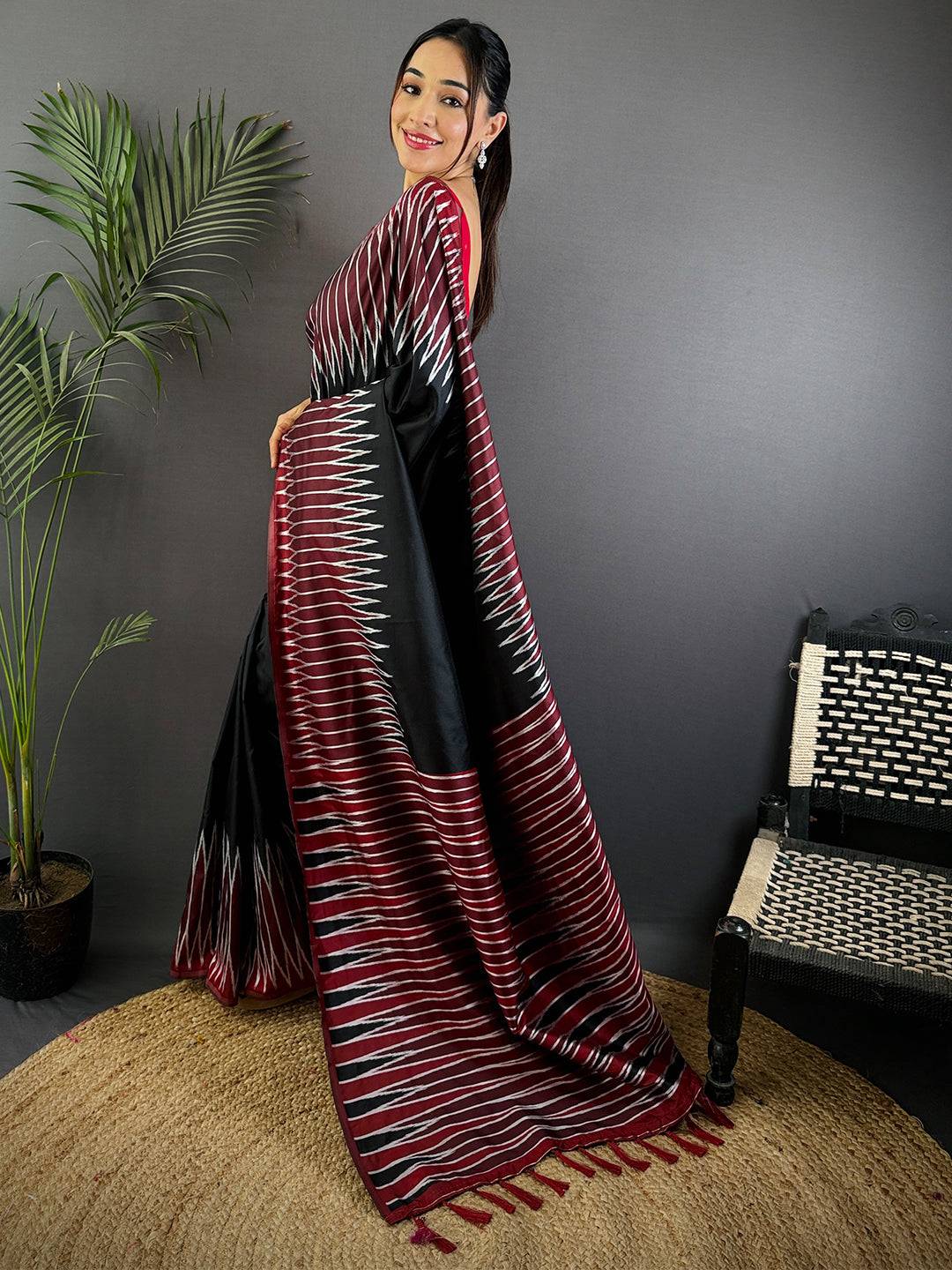 Black Soft Silk Ikkat Zari Weaving Saree

