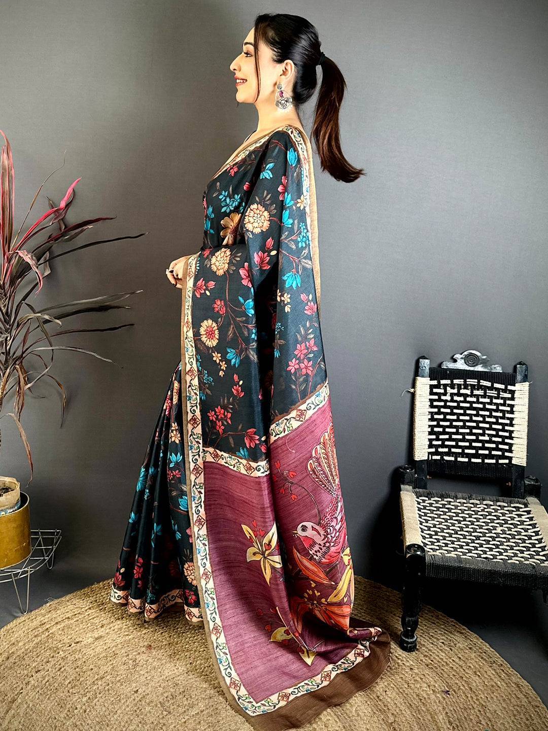Black Tussar Pen Kalamkari Print Saree