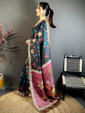 Black Tussar Pen Kalamkari Print Saree