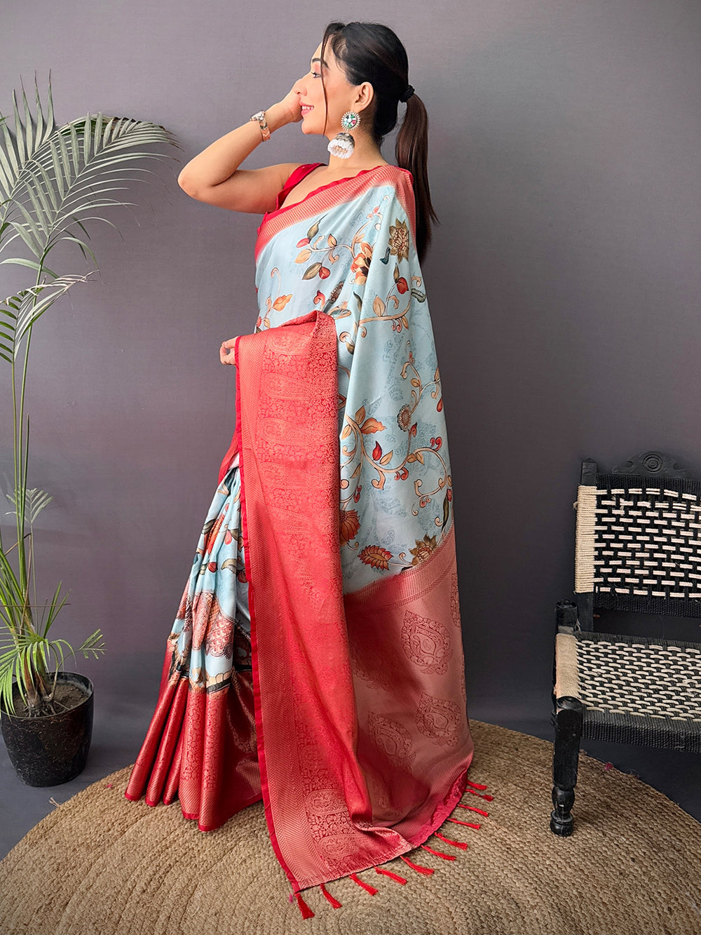 Heritage Cherry Satin Kalamkari Printed Saree